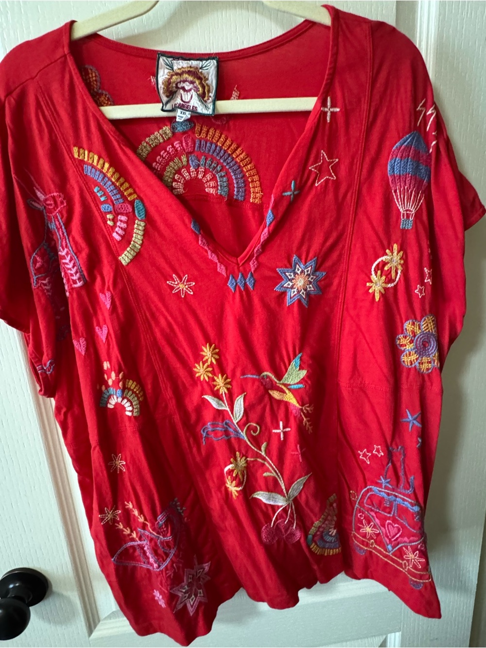 Johnny Was Easy Paneled V-Neck Tee Red Embroidered Rainbow Van Top XXL